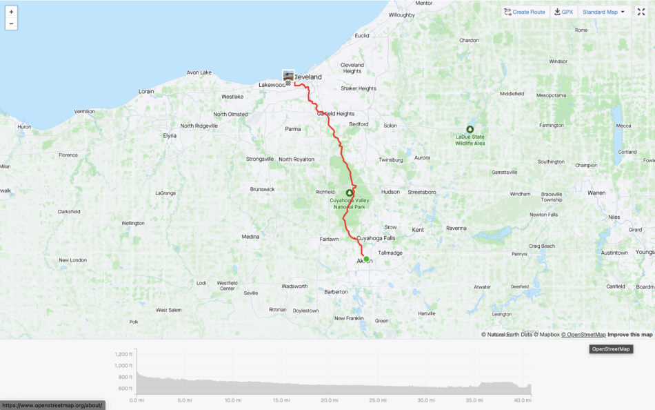 Map of route for Day Five along the Ohio to Erie Trail (Akron to Cleveland)