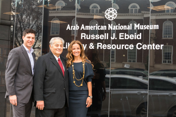 Devon Akmon, Mr. Russell J. Ebeid, and NAB Chair Manal Saab commemorating the Russell J. Ebeid Library & Resource Center at the AANM