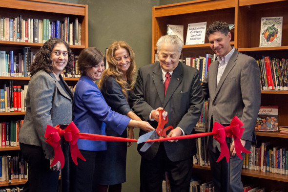 Suma Rosen, Maha Freij, Manal Saab, and Devon Akmon with Russell J. Ebeid at the naming ceremony for the Russell J. Ebeid Library & Resource Center.