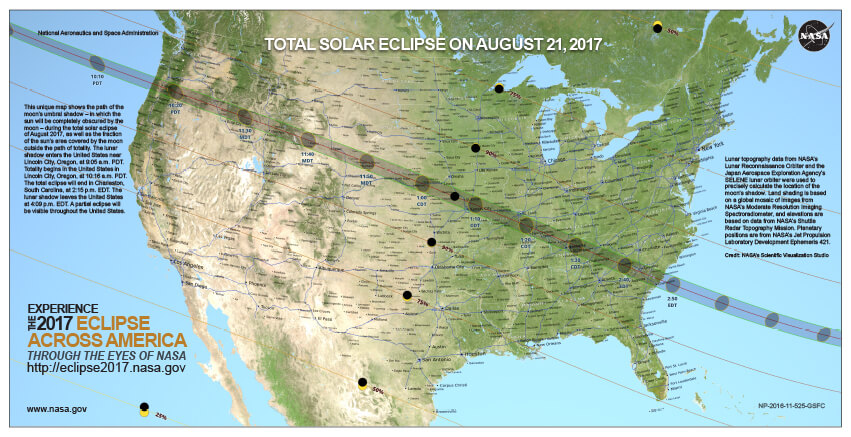A map of the path of the 2017 total eclipse across the United States from NASA.