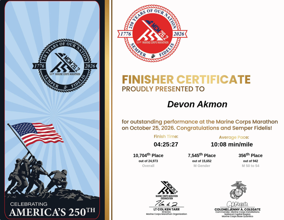 Finisher certificate from the 51st Marine Corps Marathon, presented to Devon Akmon for the race on October 25, 2026. Finish time 4:25:27, average pace 10:08 per mile. He placed 10,704th of 24,973 overall, 7,545th of 15,652 men, and 356th of 942 in the men’s 50 to 54 age group. The left panel shows the Iwo Jima flag-raising silhouette and the words “Celebrating America’s 250th.”