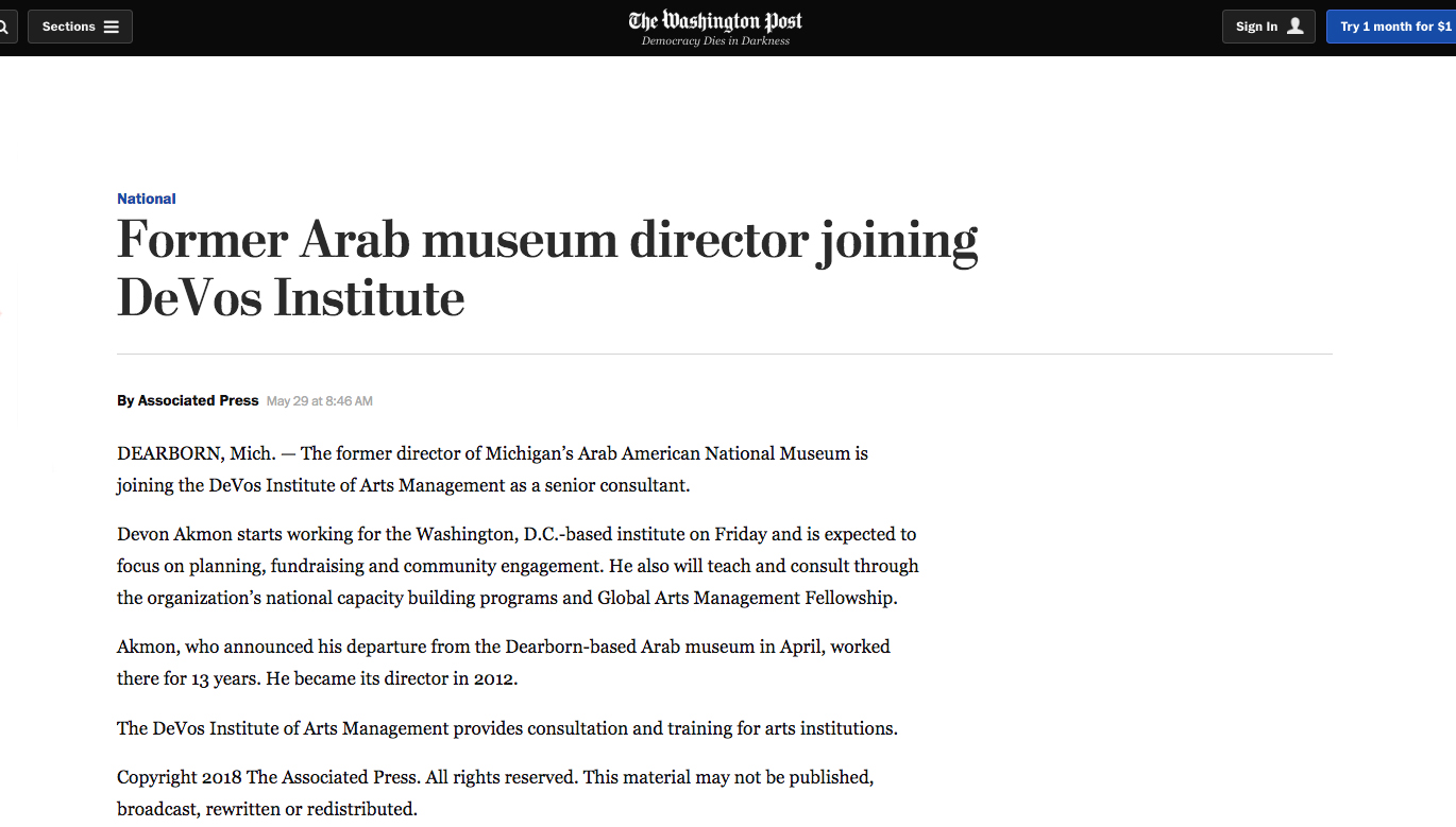Washington Post article on my appointment to the DeVos Institute of Arts Management