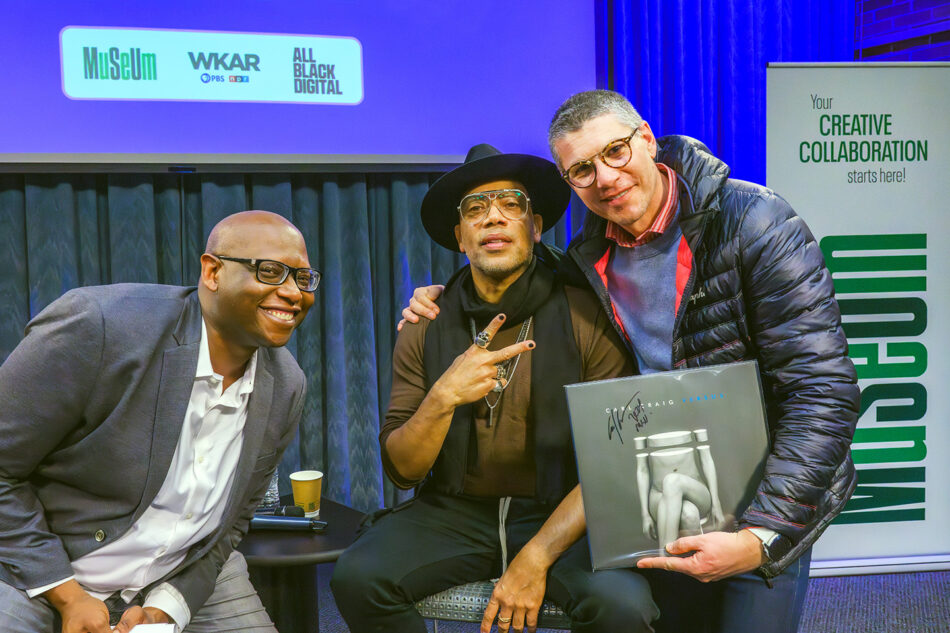 A picture of me with Carl Craig and Julian Chambliss in the WKAR Public Media studio following a facilitated dialogue with Carl.