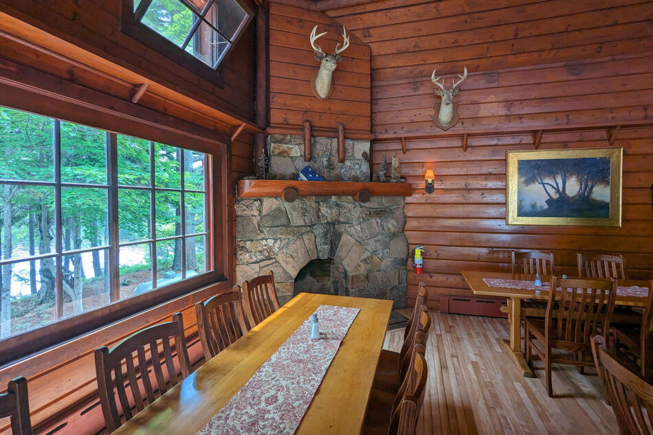 A view of the inside of the Dining Hall at Great Camp Sagamore.