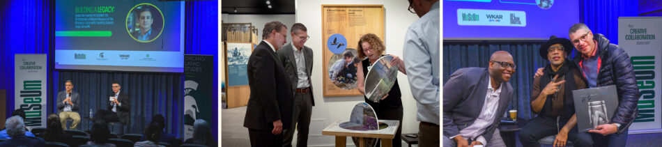 Three-image collage featuring: a seated interview between Jorge Zamanillo (left) and Devon Akmon (right) during a MSU Museum event in the WKAR studio; a group discussing a display with US Senator Gary Peters in the Smithsonian's Knowing Nature at the MSU Museum; and a panel discussion with Carl Craig, posing in the middle, with Julian Chambliss on the left and Devon Akmon on the right.