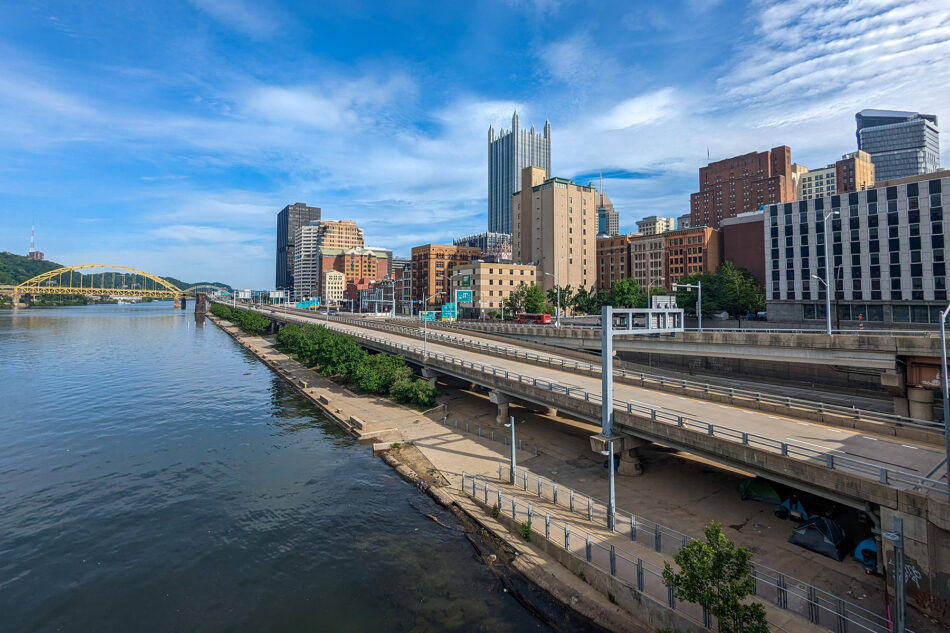 A view from a bridge looking south at downtown Pittsburgh.