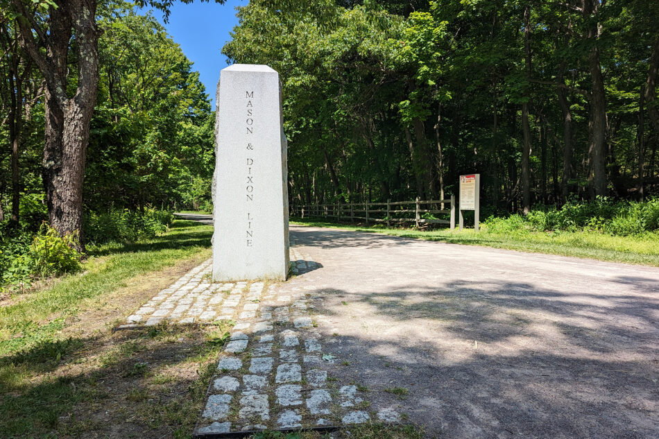 The marker for the Mason & Dixon Line along the Great Allegheny Passage.