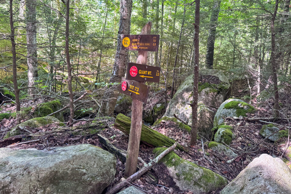 A wooden trail signpost in the forest with markers pointing toward Nubble, Giant's Wash Bowl, Giant Mountain, and Route 73.