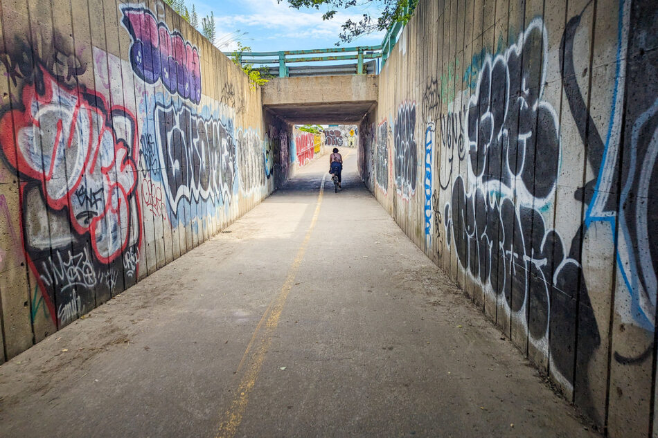 Dharma approaching a graffiti-covered tunnel on a sunny day, with trees visible at the end of the path.