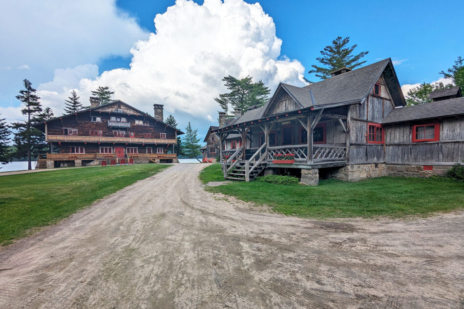 A view of the Main Lodge and other buildings at Great Camp Sagamore.