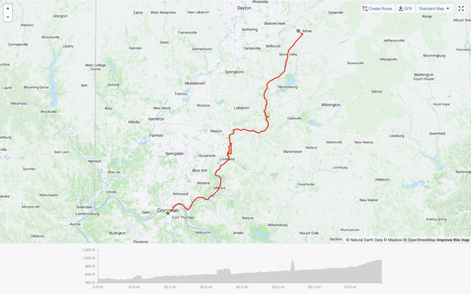 Map of route for Day One along the Ohio to Erie Trail (Cincinnati to Xenia)