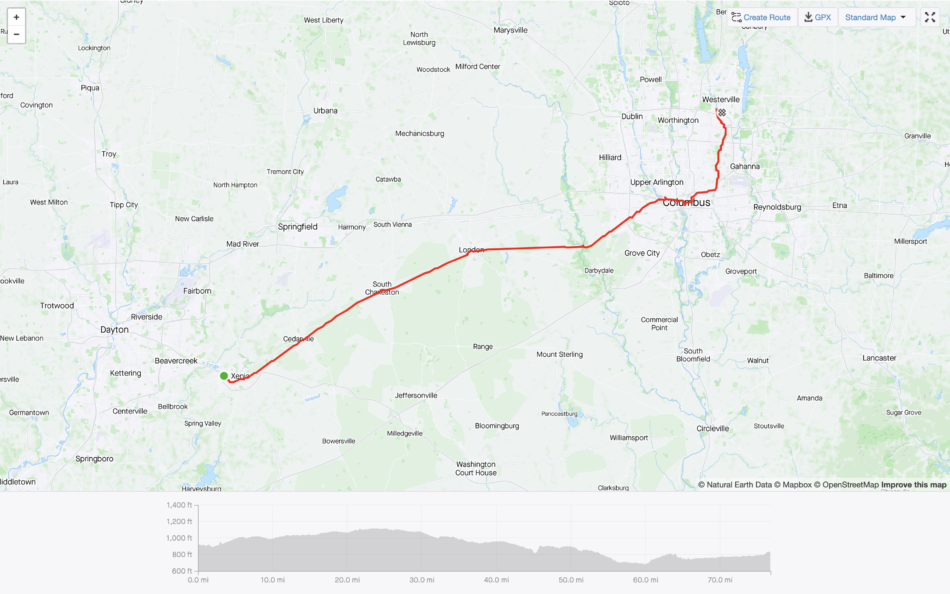 Map of route for Day Two along the Ohio to Erie Trail (Xenia to Westerville)