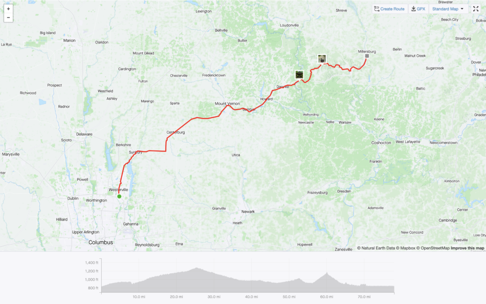 Map of route for Day Three along the Ohio to Erie Trail (Westerville to Millersburg)