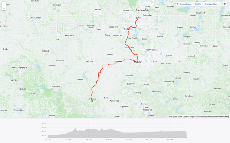 Map of route for Day Four along the Ohio to Erie Trail (Millersburg to Akron)