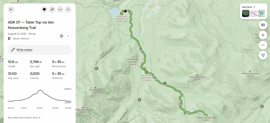 Screenshot of a hiking app showing the recorded route for 'ADK 07 — Table Top via Van Hoevenberg Trail,' with a map tracing the trail from the Adirondak Loj at Heart Lake past Marcy Dam to the Table Top Mountain summit, alongside stats showing 10.8 miles, 2,746 ft elevation gain, and 5 h 35 m moving time.