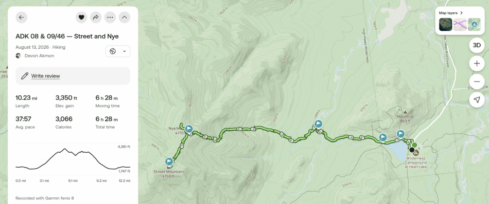 Screenshot of a hiking app showing the recorded route for 'ADK 08 & 09/46 — Street and Nye,' with a map tracing a loop from the Wilderness Campground at Heart Lake past Mount Jo to both summits, alongside stats showing 10.23 miles, 3,350 ft elevation gain, and 6 h 28 m moving time.