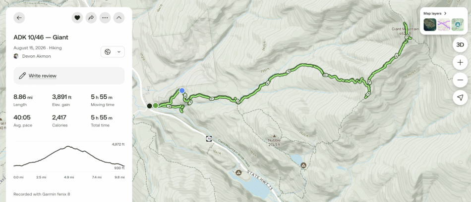 Screenshot of a hiking app showing the recorded route for 'ADK 10/46 — Giant,' with a map tracing an out-and-back trail near State Highway 73 to the Giant Mountain summit, alongside stats showing 8.86 miles, 3,891 ft elevation gain, and 5 h 55 m moving time.