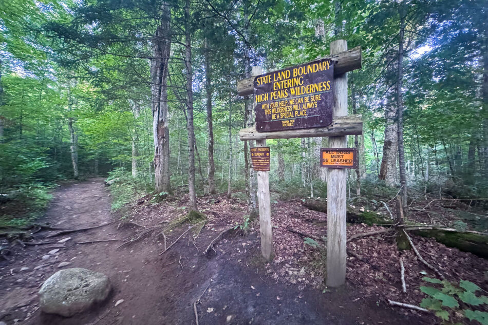 A wooden trailhead sign reading 'State Land Boundary, Entering High Peaks Wilderness,' with additional signs for the forest preserve boundary and a leashed-dogs rule, set along a dirt path in the woods.