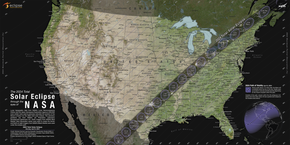 A NASA map of the path of the 2024 total solar eclipse across the United States.