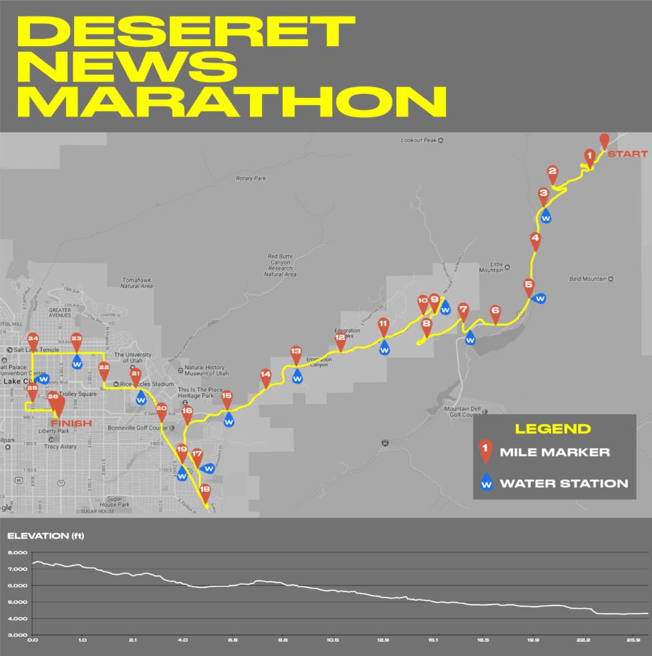 Course map for the Deseret News Marathon.