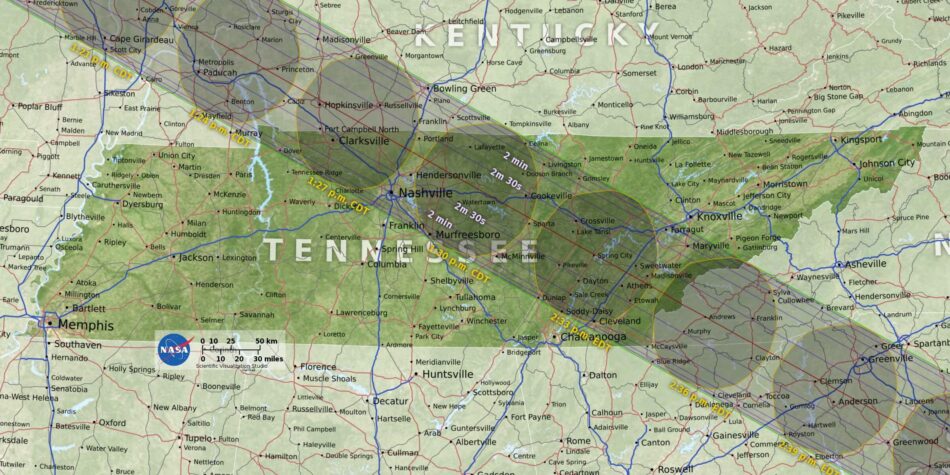 A map of the path of the 2017 total solar eclipse across Tennessee from NASA.